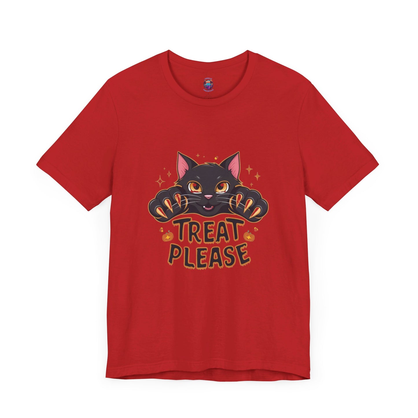 Cute Black Cat "Treat Please" Bella Canvas T-Shirt - Fun Halloween Cat Design Tee