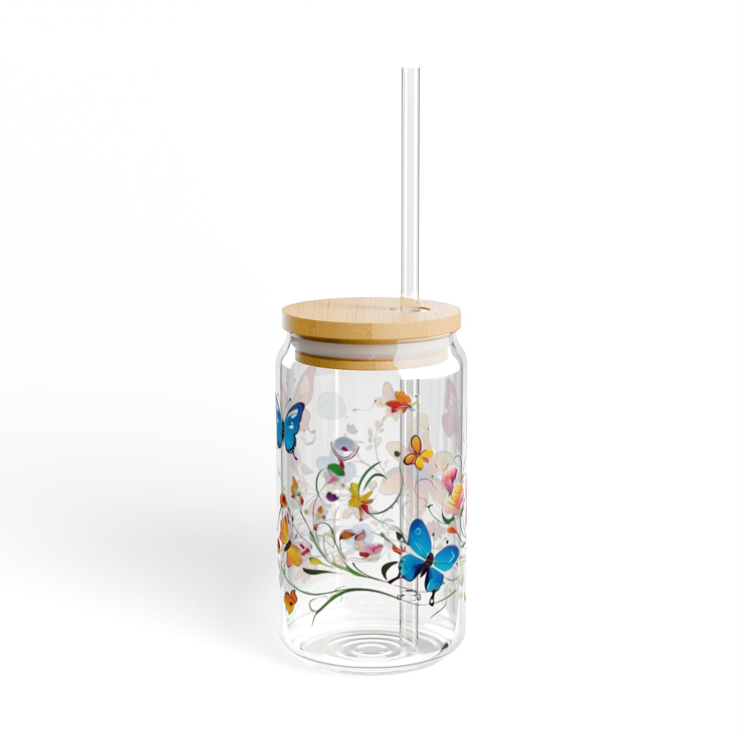 Glass Mug with Cork Cover & Straw | Floral & Butterfly Design | Eco-Friendly Reusable Mug