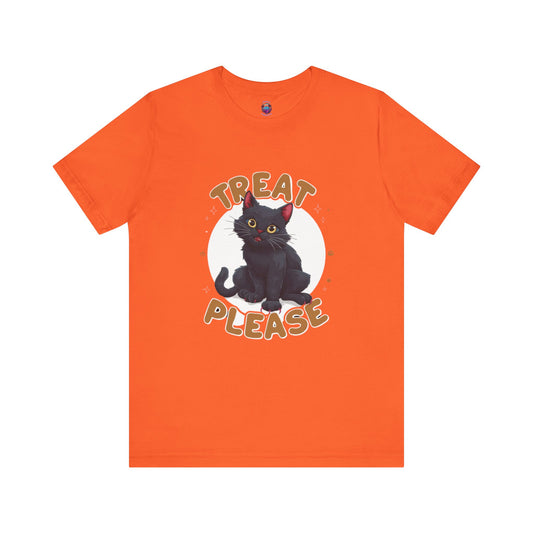 Smiling Black Cat - Treat Please - Bella Canvas T-Shirt, Fun Halloween Cat Design Tee