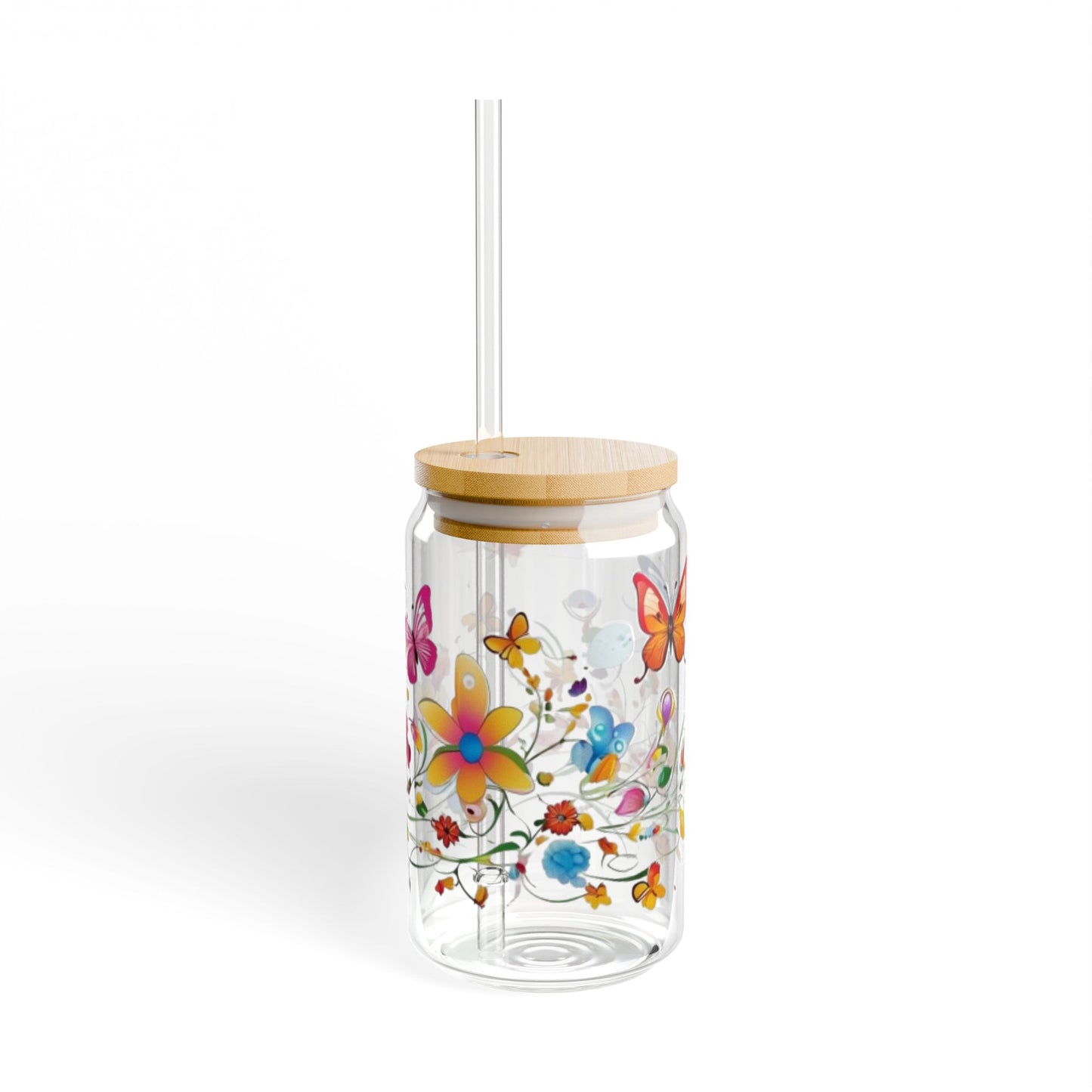 Glass Mug with Cork Cover & Straw | Floral & Butterfly Design | Eco-Friendly Reusable Mug