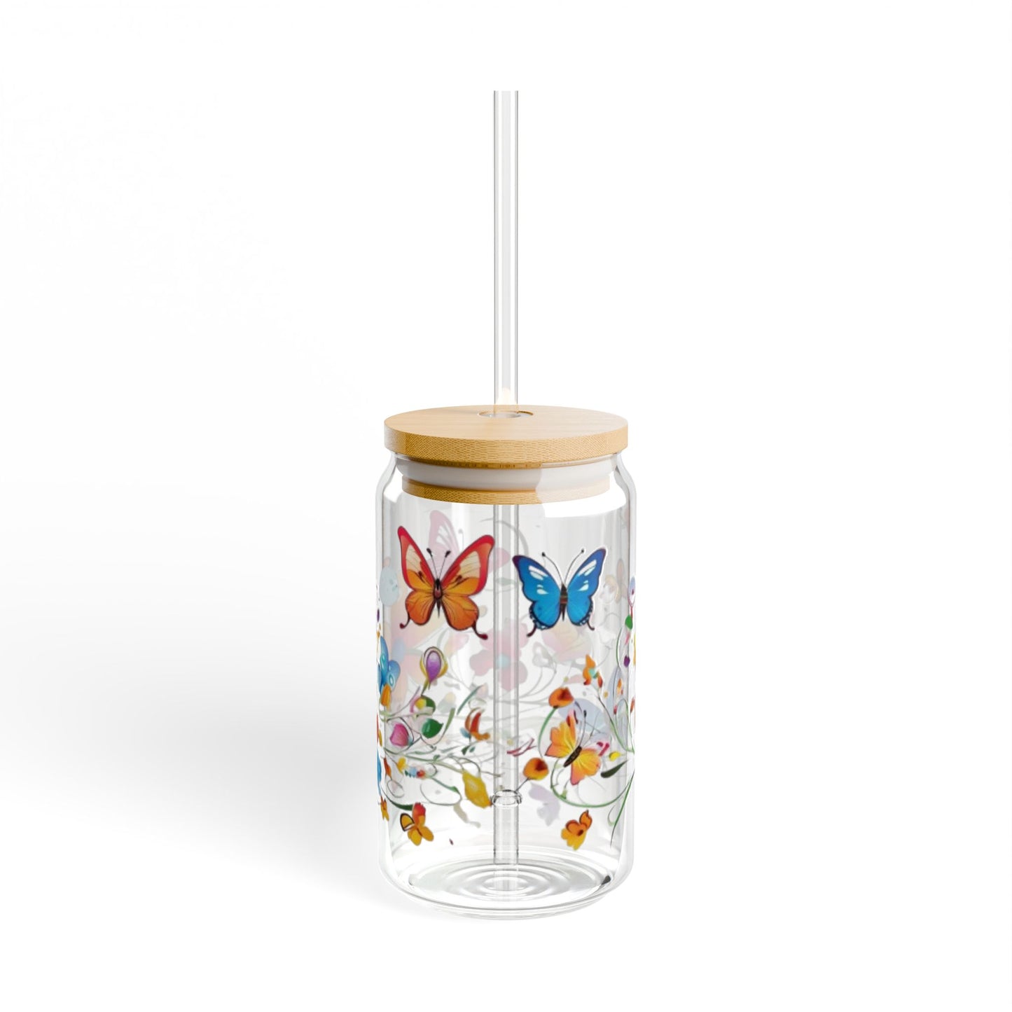 Glass Mug with Cork Cover & Straw | Floral & Butterfly Design | Eco-Friendly Reusable Mug