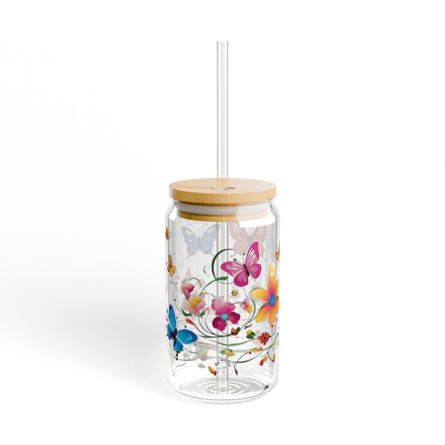 Glass Mug with Cork Cover & Straw | Floral & Butterfly Design | Eco-Friendly Reusable Mug