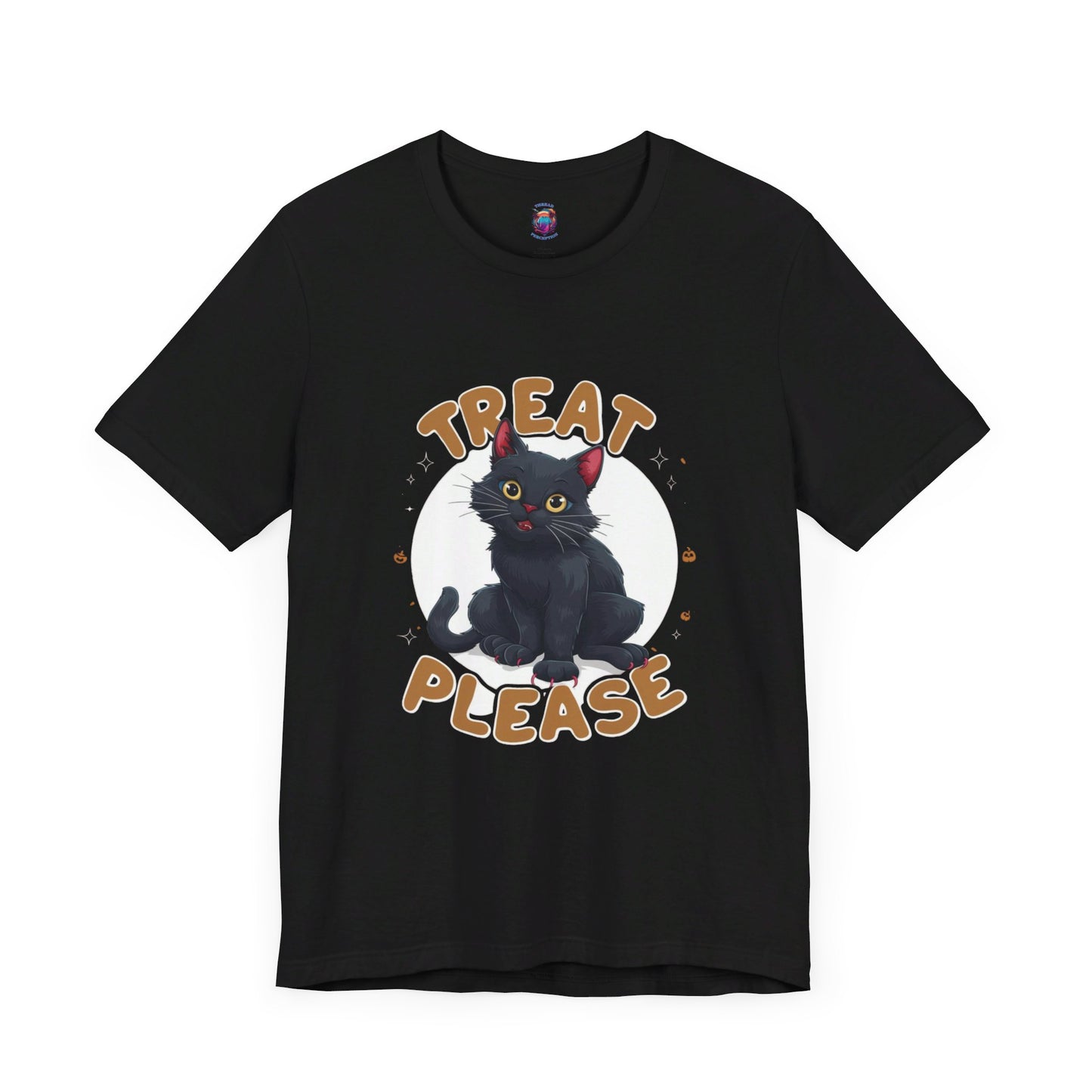 Smiling Black Cat - Treat Please - Bella Canvas T-Shirt, Fun Halloween Cat Design Tee