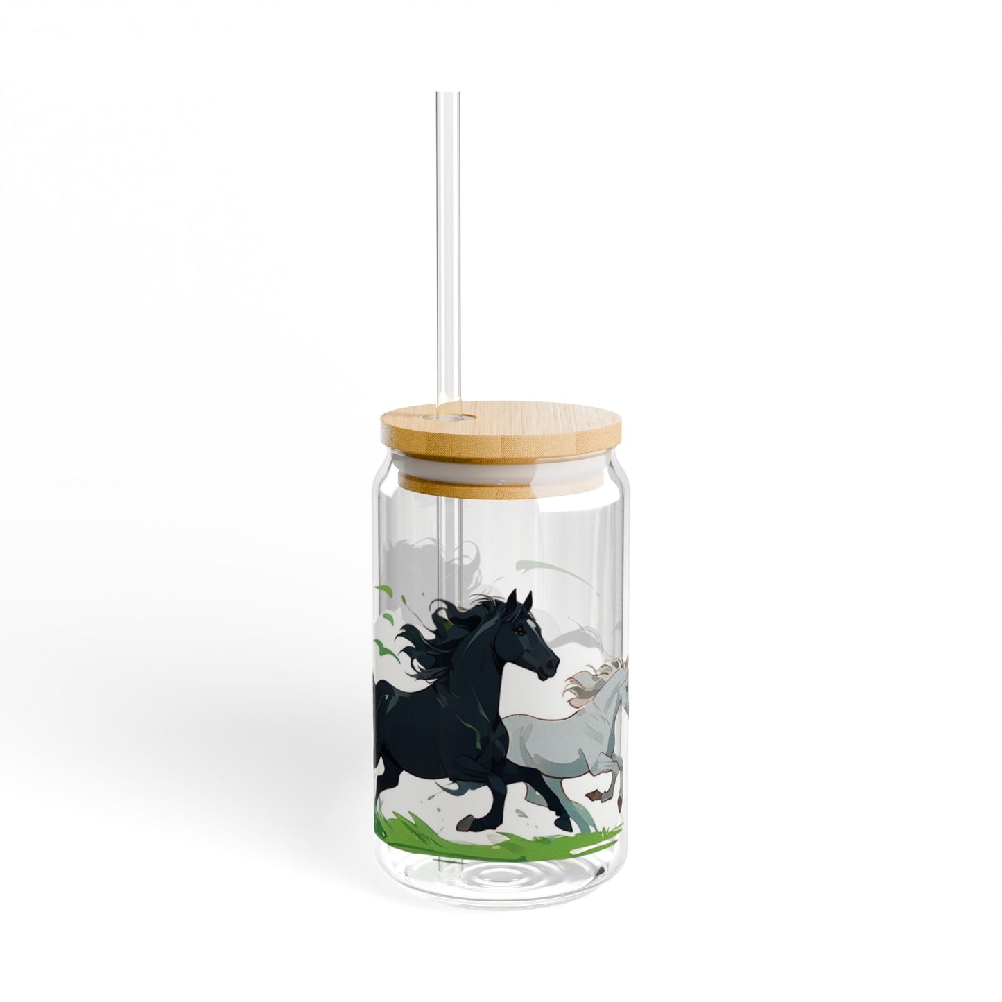 Glass Mug with Cork Cover & Straw | Black & White Horses | Eco-Friendly Reusable Mug