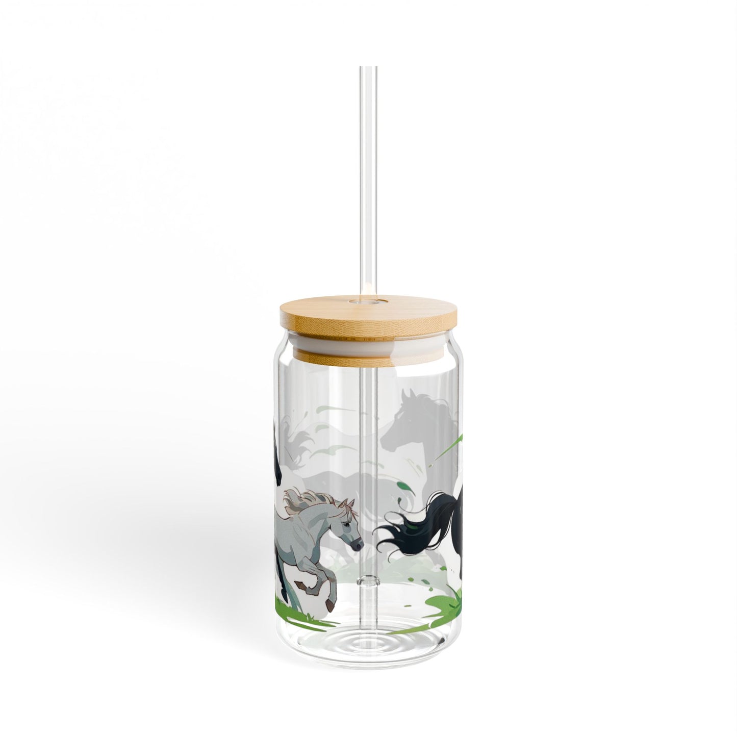 Glass Mug with Cork Cover & Straw | Black & White Horses | Eco-Friendly Reusable Mug