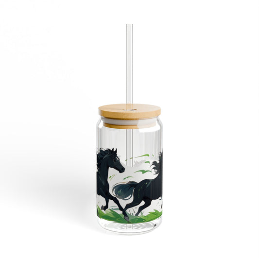 Glass Mug with Cork Cover & Straw | Black & White Horses | Eco-Friendly Reusable Mug