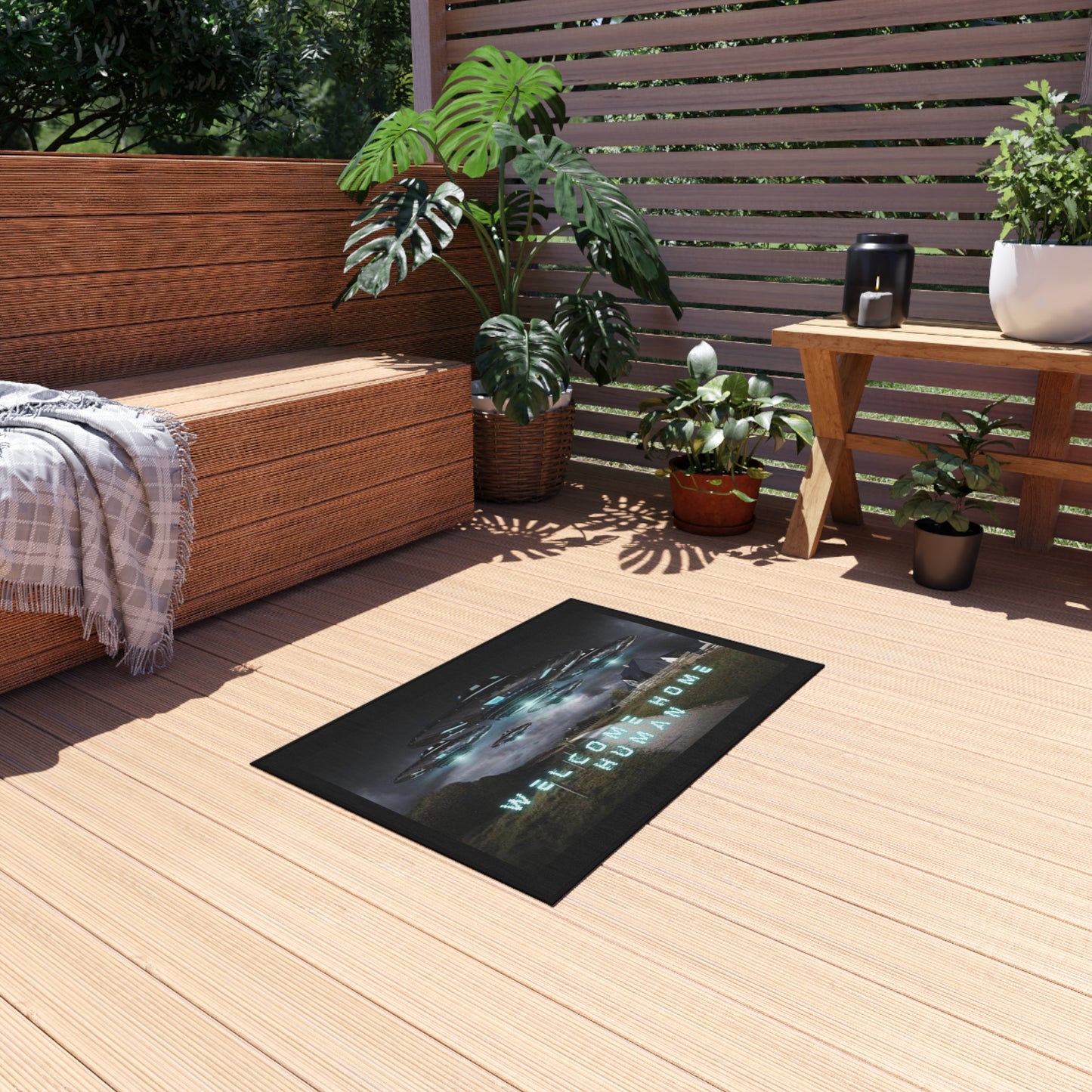 Outdoor Rug - "Welcome Home Human" (Sci-Fi Collection) - Black