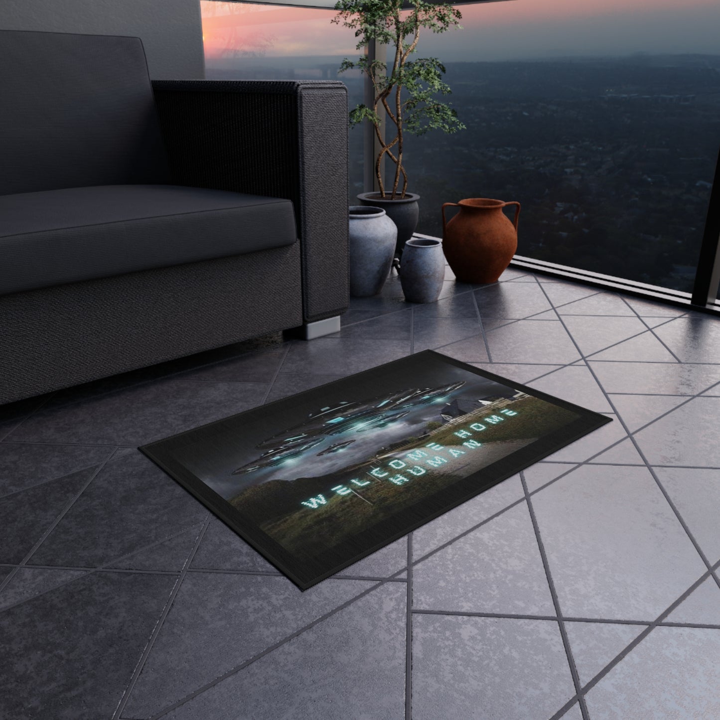 Outdoor Rug - "Welcome Home Human" (Sci-Fi Collection) - Black