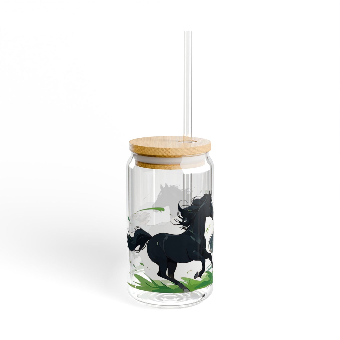 Glass Mug with Cork Cover & Straw | Black & White Horses | Eco-Friendly Reusable Mug